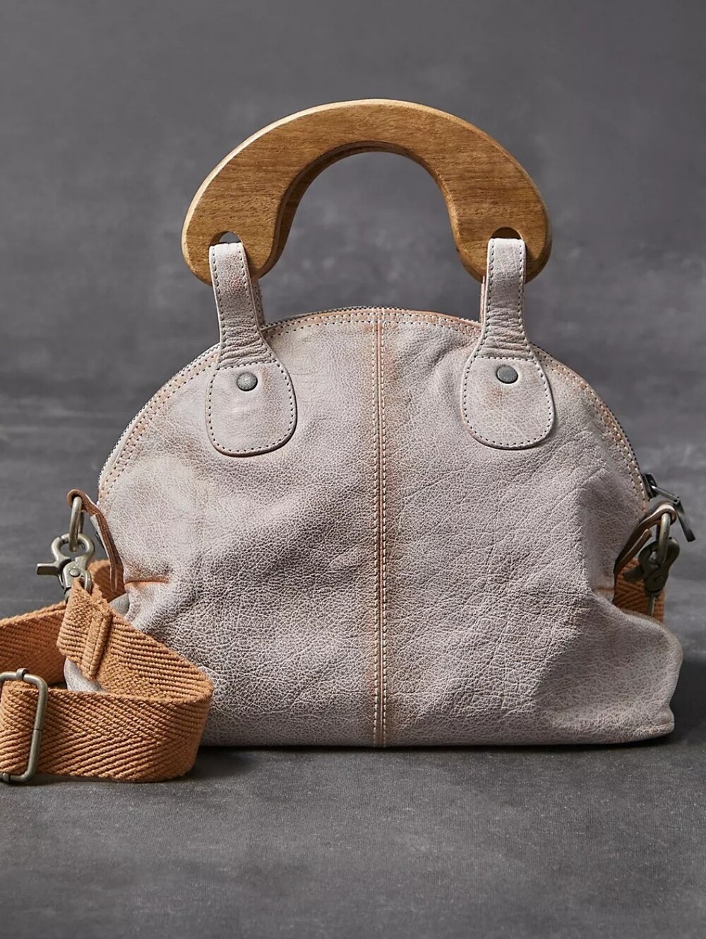 Free People We The Free Mini Willow Leather Tote Fog Wood Handle Crossbody - Picture 2 of 8